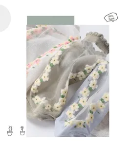 Summer sheer floral crystal short socks for women, breathable thin mesh cute socks with ruffles.
