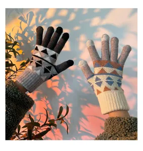 Cozy winter knit touchscreen gloves with geometric pattern for cold weather daily wear