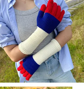 Long color-block knitted gloves for women, stylish winter warm touch screen mittens.
