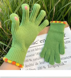 Green knit fingerless gloves with colorful bobbles, stylish winter warm touch screen mittens.