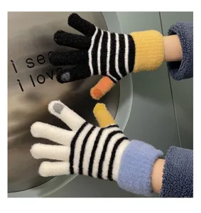 Couple winter warm touch screen gloves, crystal yarn color block striped knit design for daily wear.