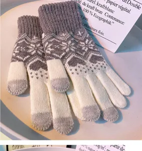 Close-up detail of winter warm knit gloves with cute grey white nordic snowflake pattern design.