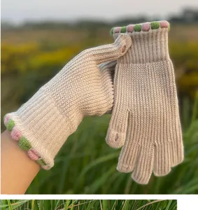 Women winter knit gloves cute bubble trim touchscreen thermal warm windproof cycling mittens