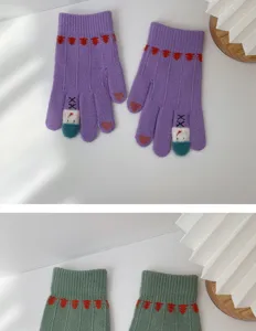 Cute winter knit gloves for women, warm touch screen gloves with heart and doll design.