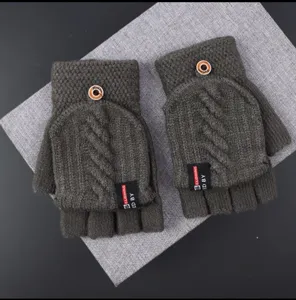 Women winter warm half finger flip knit gloves dark grey thermal convertible fingerless mittens