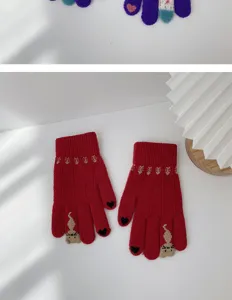 Winter cute red knit gloves for women, warm touch screen wool gloves with heart and animal patterns.
