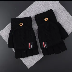 Black knitted fingerless convertible gloves for winter warmth and daily student outdoor use.