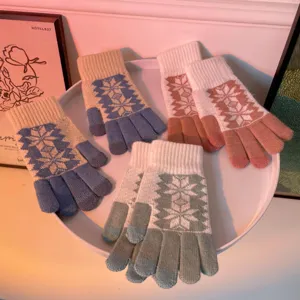 Gants Tactiles en Tricot Chaud d'Hiver pour Femmes Motif Flocon de Neige Rétro Gants Thermiques à Cinq Doigts pour le Cyclisme Quotidien