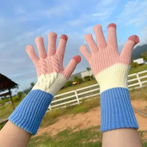 Women Winter Warm Knit Gloves Colorblock Touchscreen Fingerless Gloves Acrylic Cable Knit Outdoor Cycling Gloves