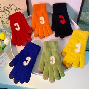 Women Winter Warm Touchscreen Knit Gloves Candy Color Letter Embellishment Cute Casual Cold Weather Gloves