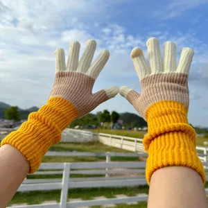 Color-blocked knitted warm gloves with extended cuffs for women winter cycling outdoor daily wear