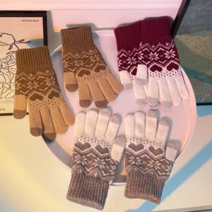 Women's Winter Warm Touch Screen Acrylic Gloves Cute Nordic Geometric Snowflake Jacquard Thermal Gloves