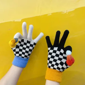 Touchscreen checkerboard knitted gloves for women winter warm cute woolen cycling outdoor