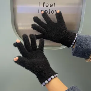 Women winter warm mink velvet knit gloves touchscreen fingerless design solid color daily wear