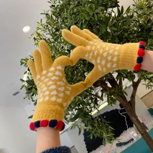 Cute winter warm touch screen gloves for women, thick fleece-lined knit gloves with lovely pom-poms.