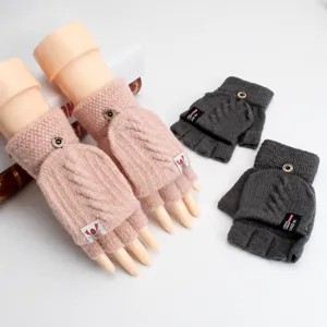 Women winter knitted half-finger convertible gloves with buttons and cute reindeer design.