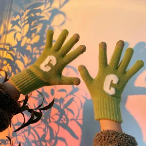 Winter warm knit gloves for women, cute green candy color with letter C design, soft and thick.