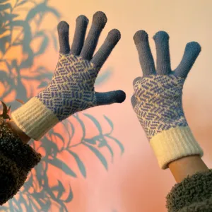 Winter warm knit touch screen gloves for women, stylish geometric jacquard pattern design.
