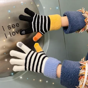 Winter warm couple knit touch screen gloves with cute color-block stripe design for daily use.
