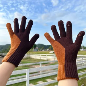 Japanese vintage color block knitted gloves, touchscreen winter warm thermal gloves for outdoor.
