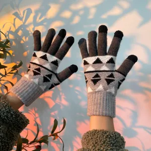 Winter knitted touch screen gloves for couples, warm geometric thermal mittens for cycling.