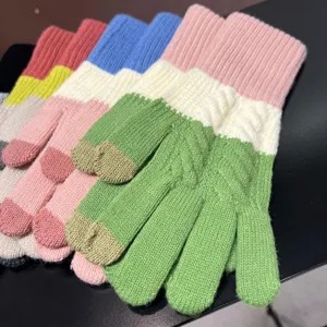 Color-blocked Korean style cute knit gloves winter warm touchscreen split finger gloves