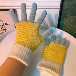 Women winter knit touch screen gloves warm stylish chevron pattern blue and yellow main