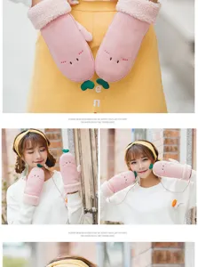 Cute plush winter gloves for women, thick fleece lined mittens with hanging neck design.