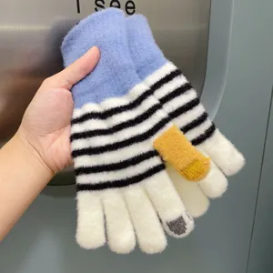 Cute winter warm couple touch screen knit gloves with colorful stripes and soft crystal yarn.