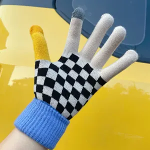 Touchscreen checkerboard knitted gloves for women, warm winter fashion casual design.