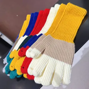 Colorblock winter knitted gloves for women, warm touch screen fingerless long cuff mittens.