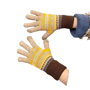 Cute Japanese winter knit gloves for women, warm fleece-lined touchscreen gloves with snowflakes.