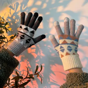 Winter touchscreen knit gloves for couples, stylish geometric pattern warm thermal gloves.