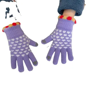 Winter warm knitted touchscreen gloves for women cute heart pattern thermal gloves with plush.