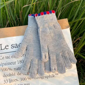 Grey winter knitted gloves with colorful cuff design, warm and windproof split-finger wear.