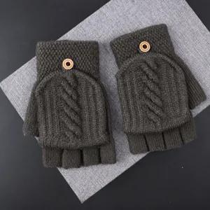 Women's winter knitted half-finger flip gloves fleece-lined warm thermal thick wool mittens