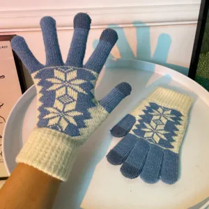Gants en tricot d'hiver pour femmes épaissis chaud flocon de neige écran tactile laine bleu blanc