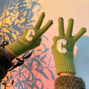 Women winter warm knit gloves candy color letter C thick cute thermal fleece mittens