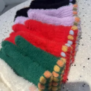 Thickened plush knit gloves for women winter warm fuzzy candy bean cuff solid color mittens
