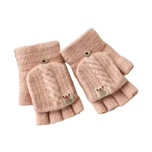 Women's winter warm knitted half-finger flip cover gloves, thick woolen fleece lined mittens.