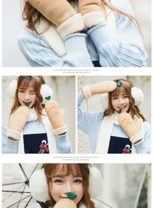 Cute winter thick fleece-lined plush hanging neck cartoon mittens for women warm outdoor wear.