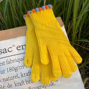 Women winter yellow knit fingerless gloves warm touchscreen half finger gloves for cycling