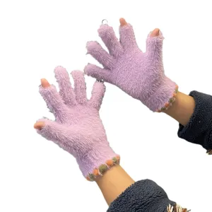 Women winter warm fuzzy fingerless gloves with cute colorful pompom cuff cozy knit.
