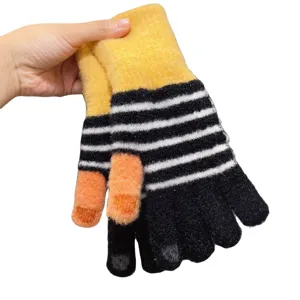 Cozy couple winter knitted gloves with colorful stripes and five fingers for warmth and style.