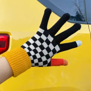 Cozy touchscreen checkered knit gloves for women, warm winter thermal wool mittens for cycling.