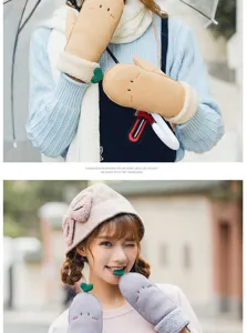 Women winter cute cartoon fleece lined warm mittens gloves and knitted hat set cozy daily wear