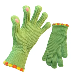 Winter green knitted touchscreen gloves with cute colorful cuffs for women warm outdoor riding.