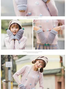 Cute winter fleece-lined thick mittens with neck strap, cozy cartoon design for women.