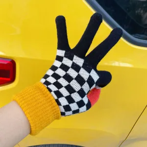 Winter warm touch screen knitted gloves with black and white checkerboard pattern, yellow cuff.