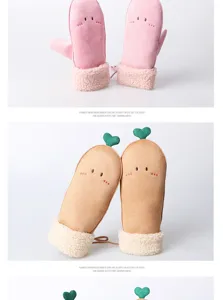 Close-up details of cute winter warm plush fleece-lined thick mittens with cartoon design.